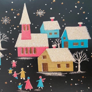 Carte de Noël Village, Joyeuses Fêtes, Vintage, Retro, Ville, Famille, Joyeux Noël, Enfant, Amie, Soeur, Maisons, Mère, Collègue