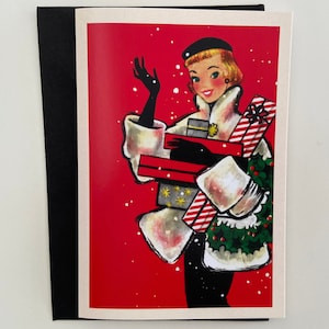 Carte de Noël Rétro, Image Vintage, Femme blonde aux cadeaux, fêtes, années 50, Cadeau professeur, féminine, mode,