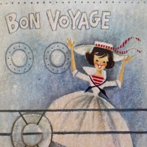 Carte vintage Bon voyage Femme, souhaits, Bagages, valises, Rétro, Au revoir, Voyageur, Globe-trotter, Bateau, Paquebot, Croisière, Aventure