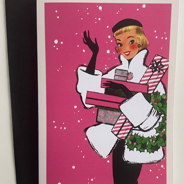 Carte de Noël Femme Rétro et cadeaux, Image Vintage, Blonde, Barbie, Joyeuses fêtes, années 50,  professeur, féminine, mode, béret, élégante