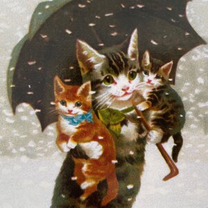 Carte Chat et chatons sous un parapluie, Carte Vintage, Carte Retro, Carte Hiver, Carte Chats, Carte Noël, Carte Famille, Carte Fêtes, Neige