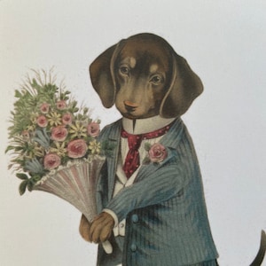 Carte vintage Teckel au bouquet, Chien, Souhaits, Bonne fête, Joyeux Anniversaire, Humanisé, Rétro, Merci, Fleurs