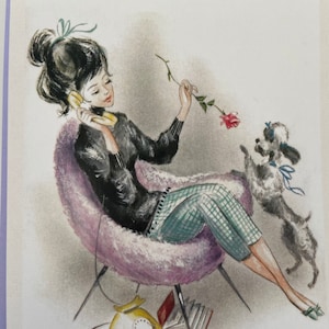 Carte Femme au téléphone et caniche, Carte de fête, Carte de souhaits, Professeur, Carte Rétro, Anniversaire, Soeur, Amie, Merci, Fauteuil