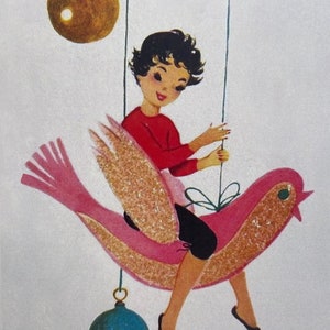 Carte de Noël Femme rétro assise sur oiseau, Vintage, fêtes, années 50, 60, Cadeau professeur, sœur, mère, amie, féminine, BFF, Mid Century