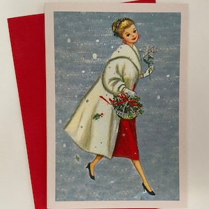 Carte de Noël Rétro Femme souriante au manteau blanc, Vintage, hiver, fêtes, années 50, Cadeau professeur, sœur, mère, amie, féminine