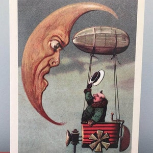 Carte vintage Homme et lune, Carte de fête Lune et montgolfière, Carte de souhaits, Carte Merci, Carte Professeur, Carte Papa, Carte Père