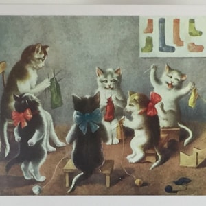 Carte vintage chats qui tricotent, carte leçon de tricot, carte tricot, carte chats, vintage, Image Vintage, Carte vintage, carte rétro