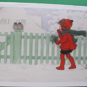 Carte de Noël Fillette et oiseaux, Image Vintage, Retro
