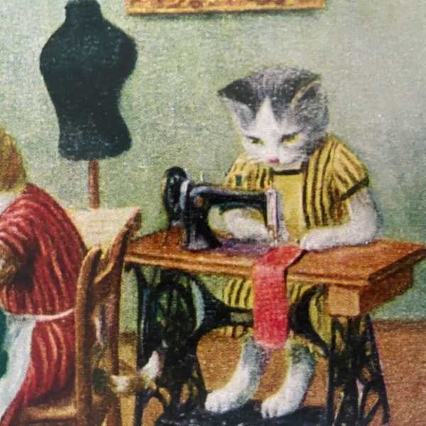 Vintage Sewing Cats Card, Greeting, Happy Birthday, Sister, Seamstress, Sewing machine, Dress Form, Tailor, Sew, Sewing class Teacher