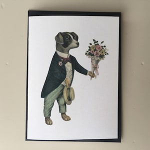 Mini carte Chien au bouquet, Carte de fête, Carte Vintage, Image Vintage, Carte Retro, Carte Anniversaire, Carte masculine, Carte amoureux