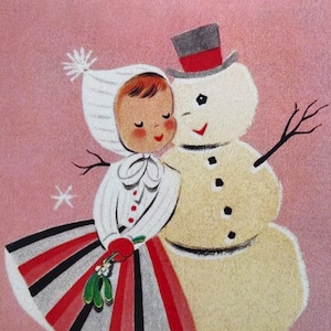Carte de Noël Rétro Fille et Bonhomme, Vintage, hiver, fêtes, années 50, 60, Cadeau professeur, sœur, mère, amie, mode, BFF, Mid Century