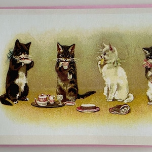 Carte vintage Chats prenant le thé, Chat tasses, souhaits, vœux, Chatons, professeur, enfant, bonne fête, joyeux anniversaire