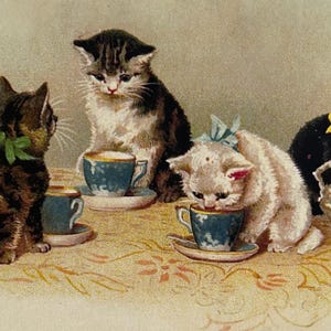 Carte vintage Chatons et tasses de thé bleues, Chat vaisselle, souhaits, vœux, Chats, professeur, enfant, bonne fête, joyeux anniversaire