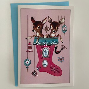 Carte de Noël Faons dans un Bas, Biches, Fêtes, Rennes, Vintage, Retro, Rudolph, professeur, famille, jumeaux, enfants, mère, soeur, boules