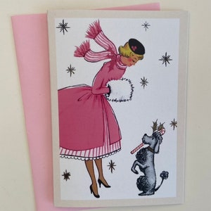 Carte de Noël Rétro Femme robe rose et caniche, Image Vintage, hiver, fêtes, années 50, Carte Cadeau professeur, sœur, mère, amie, manchon