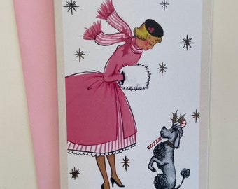 Vintage Christmas Card Woman in Pink Dress with Poodle, Holiday, Retro, Winter, Fifties Fashion, Woman, sister, mother, dog, Gift, Feminine