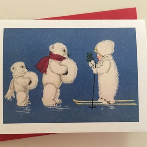 Mini carte de Noël Enfant et oursons, Carte des Fêtes, Carte Vintage, Image Vintage, Carte Retro, Carte Hiver, Porte carte cadeau