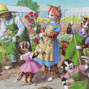 Carte vintage chats et fleurs, bouquet, souhaits, professeur, anniversaire , mariage, enfant, fête, Maman, Fillette, jardinage, famille