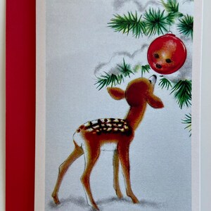 Carte de Noël Faon regardant boule, Joyeuses Fêtes, Renne, Vintage, Retro, Rudolph, Biche, cerf, Famille, Joyeux Noël, Enfant, Amie, Soeur
