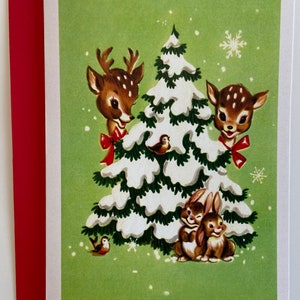 Carte de Noël Faons et lapins, Joyeuses Fêtes, Renne, Vintage, Retro, Rudolph, Biche, Chevreuil, cerf, Famille, Joyeux Noël, Enfant, Fille