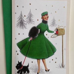 Vintage Christmas Card, Holiday , Retro Christmas , Winter , Fifties , Woman , Scottish Terrier, Gift, Mailbox, Fashion Dress, scottie