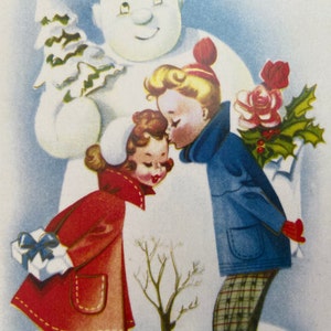 Carte de Noël amoureux et bonhomme de neige, Carte des Fêtes, Carte Vintage, Carte Retro, Carte Hiver, Carte Mari, Carte anniversaire