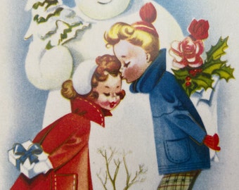 Lovers and Snowman Card, Holiday Card, Greeting Card, Vintage Card, Retro Card, Christmas Card, Teacher Card, Thank You Card, Anniversary