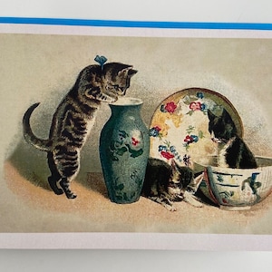 Carte Chats explorant des vases, Bonne fête Chatons, Joyeux anniversaire, vintage, rétro, Souhaits, Merci, mère, soeur, amie, BFF, Voyage