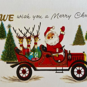 Carte Père Noël en auto avec rennes, Joyeuses Fêtes, Vintage, Retro, Hiver, Enfant, famille, Mère, Sœur, Amie, Professeur