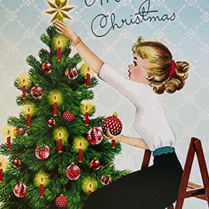 Carte de Noël Rétro Femme blonde décorant le sapin, Joyeuses fêtes, années 50, Femme, épouse, féminine, Joyeux Noël, Soeur, Amie, Mère, BFF