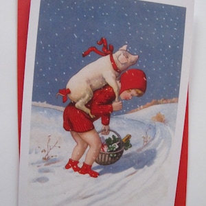 Girl, Pig and Basket Card, Holiday Card, Christmas Card, Winter Card, Vintage Image, Retro