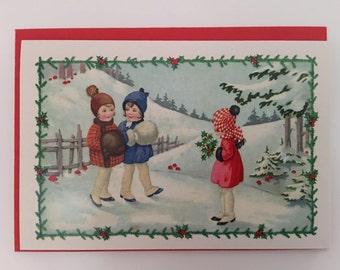 Little Girls Wearing Cuffs Card, Happy Holidays, Seasons Greetings, Winter, Vintage, Retro, Merry Christmas, Sister, Teacher, Daughter, 50s