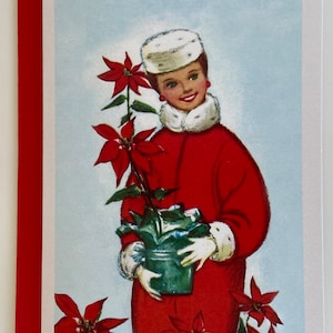 Carte de Noël Femme Rétro et Poinsettia, Vintage, hiver, fêtes, années 50, 60, Cadeau professeur, sœur, mère, amie, mode, BFF, Mid Century