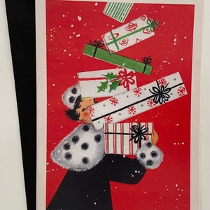 Carte de Noël Rétro Femme souriante au manteau blanc, Vintage, hiver, fêtes, années 50, Cadeau professeur, sœur, mère, amie, féminine