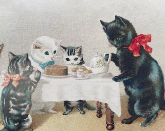 Cats having tea Card, Greeting Card, Birthday Card, Thank You, Vintage, Retro Card, Humanized cats, Dressed Cats, Tea Time, Birthday Party