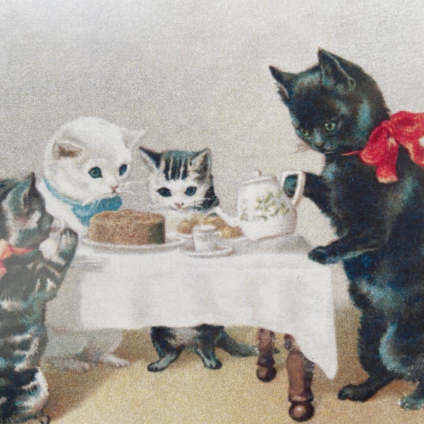 Cats having tea Card, Greeting Card, Birthday Card, Thank You, Vintage, Retro Card, Humanized cats, Dressed Cats, Tea Time, Birthday Party