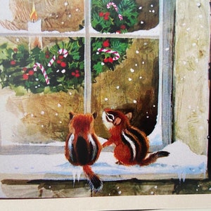 Carte de Noël Tamias regardant Couronne, Joyeuses Fêtes, Vintage, Retro, professeur, Merci, Hiver, Joyeux, soeur, mère, professeur, amie