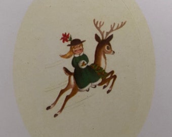 Vintage Girl on Reindeer Stickers, Holiday, Teacher, Diary, Christmas, Family, Calendar, stationery, Fawn,  Retro, Planner, Gift Tag
