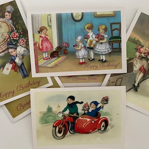 UNE AU CHOIX, Carte vintage Enfants, Bonne fête, joyeux anniversaire, souhaits, Retro, félicitations, fillette, garçon, side-car, avion