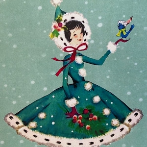 Carte de Noël Femme rétro et oiseau, Vintage, hiver, Joyeuses fêtes, années 50, 60, professeur, sœur, mère, amie, mode, BFF, Mid Century