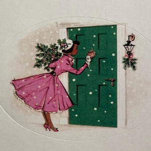 Collants de Noël Rétro, Étiquettes Vintage, Fêtes, Hiver, professeur, agenda, calendrier, Afro-américaine, Femme noire frappant à la porte