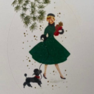 Collants de Noël Rétro, Étiquettes Vintage, Autocollants Fêtes, Hiver, professeur, agenda, calendrier, planner, Femme robe verte, Caniche