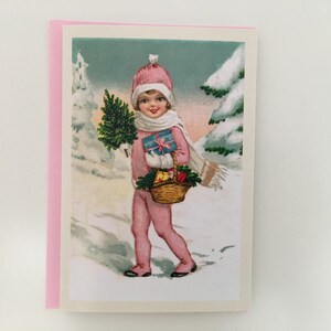 Carte de Noël Fillette et cadeaux, Carte Hiver, Carte de Noël ancienne, Image Vintage, Carte Retro, Carte professeur, Carte éducatrice