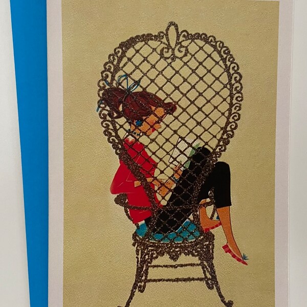 Woman Reading on a Chair Card, Feminine, Birthday, Mother's Day, Sister, Best friend, BFF, Vintage Chair, Retro Fashion