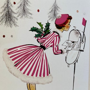 Carte de Noël Femme rétro au béret rose, vintage, féminine, Joyeux, Joyeuses fêtes, années 50, soeur, amie, mère, mode, Boîte aux lettres