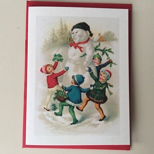 Mini carte de Noël Enfants autour du bonhomme de neige, Carte des Fêtes, Carte Vintage, Image Vintage, Carte Retro, Étiquette, Carte Enfant