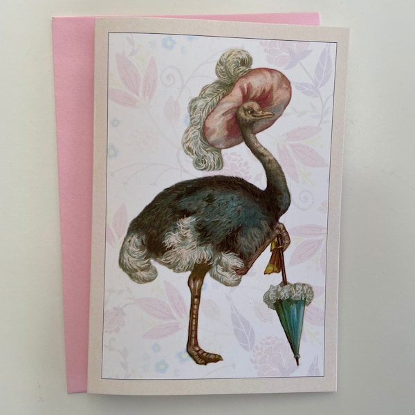 Ostrich Vintage Card, Birthday, Greeting, Teacher, Bird, Vintage Image, Retro, Sister, Mother, BFF, friend, Fashion