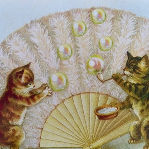 Carte vintage Chatons, bulles et éventail, Carte rétro Chat, Carte de souhaits Chats, Carte professeur, Carte enfant, amoureux, soeur, amie