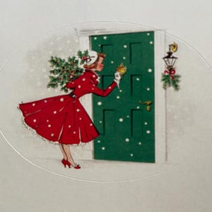 Collants de Noël Rétro, Étiquettes Vintage, Fêtes, Hiver, professeur, agenda, calendrier, planner, Femme frappant à la porte, châtaine