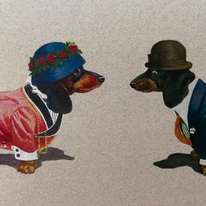 Carte Teckels amoureux, Carte Couple, St-Valentin, Anniversaire mariage, Amour, chien humanisé, Amoureux, Chien saucisse, chien habillé